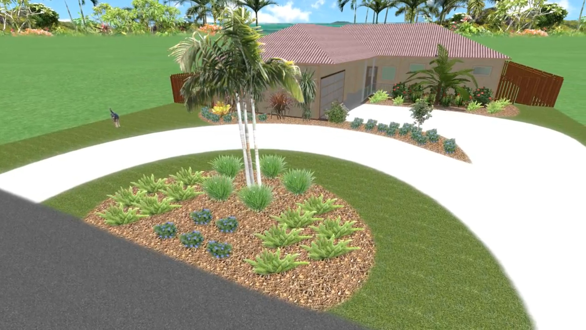 An image of a digital 3D rendering of a front yard landscape design.